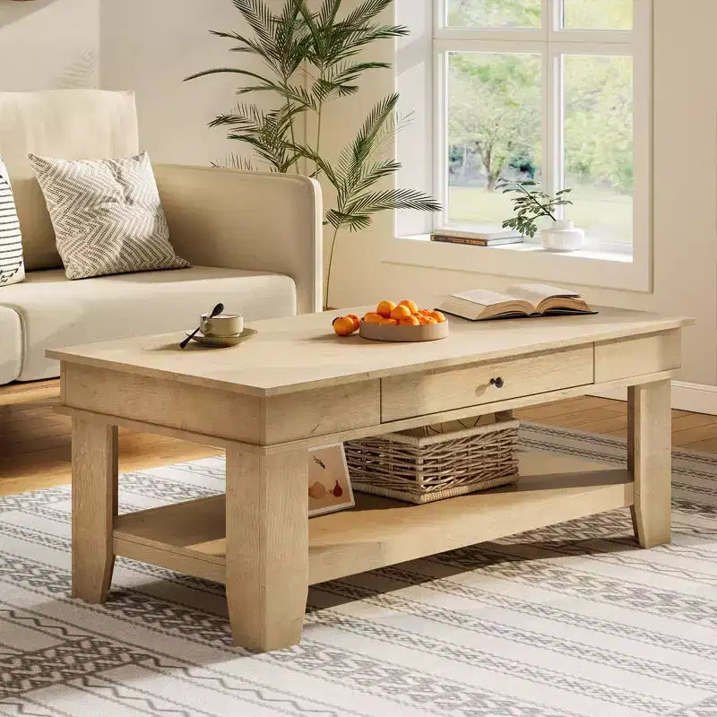 Mesa de centro con cajón, mesa central de 47.2 con estante de almacenamiento, mesa de centro larga de estilo rústico para sala de estar, resistente y fácil de limpiar