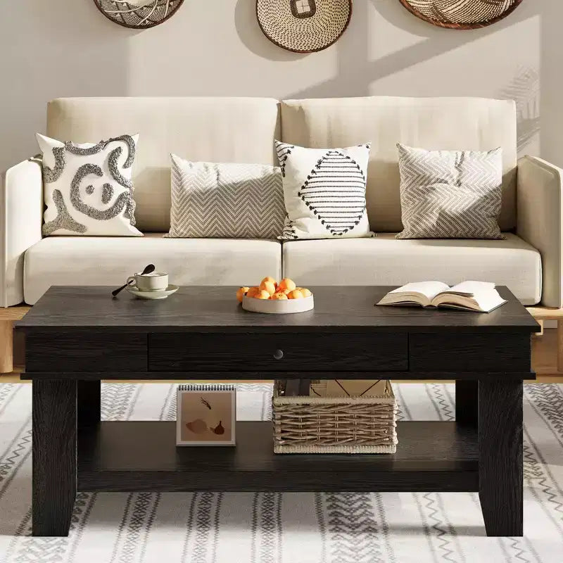 Mesa de centro con cajón, mesa central de 47.2 con estante de almacenamiento, mesa de centro larga de estilo rústico para sala de estar, resistente y fácil de limpiar