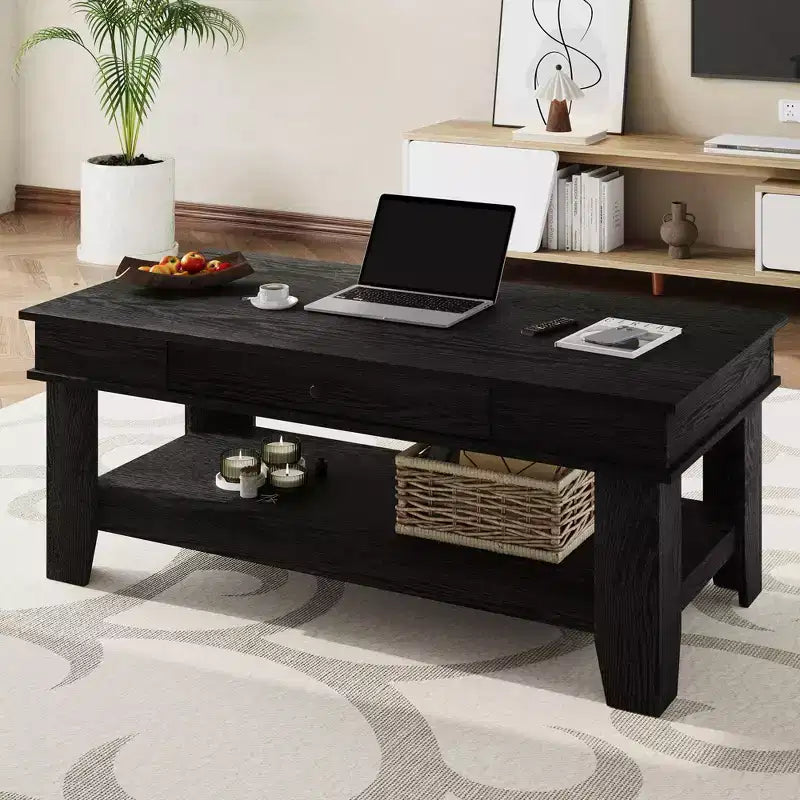 Mesa de centro con cajón, mesa central de 47.2 con estante de almacenamiento, mesa de centro larga de estilo rústico para sala de estar, resistente y fácil de limpiar