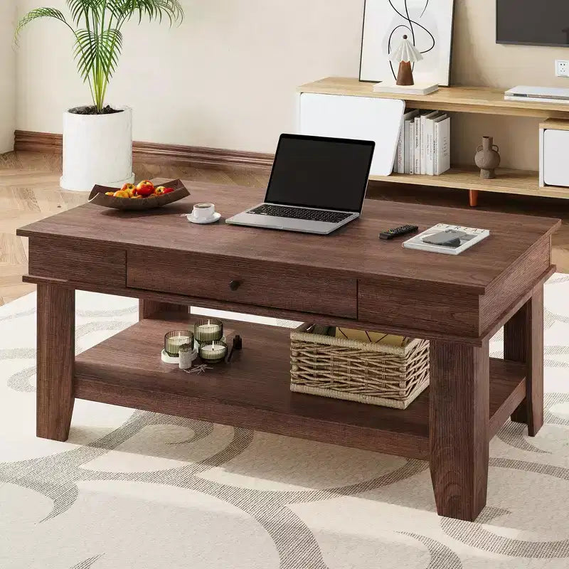Mesa de centro con cajón, mesa central de 47.2 con estante de almacenamiento, mesa de centro larga de estilo rústico para sala de estar, resistente y fácil de limpiar