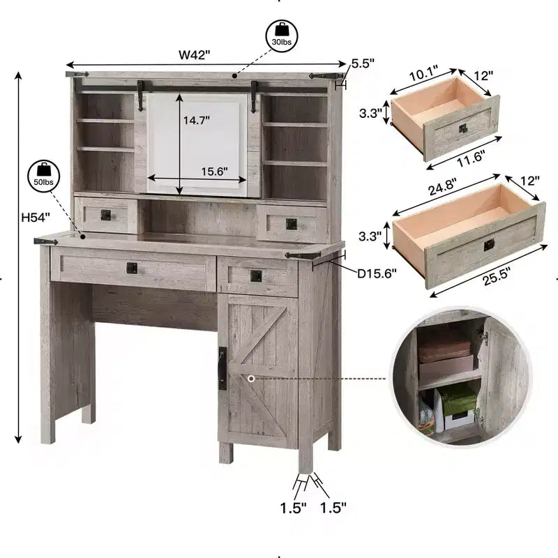 Coiffeuse de style ferme avec miroir coulissant et éclairage, table de toilette en verre de 42' avec 2 tiroirs et étagères, chêne rustique clair