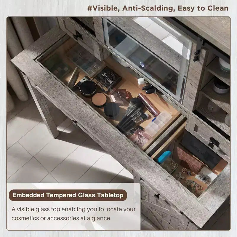 Coiffeuse de style ferme avec miroir coulissant et éclairage, table de toilette en verre de 42' avec 2 tiroirs et étagères, chêne rustique clair