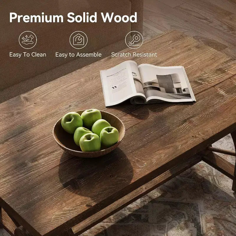 Table basse en bois massif de 47 pouces, table rectangulaire de style maison de campagne pour le salon, meuble rustique pour café ou thé, montage facile