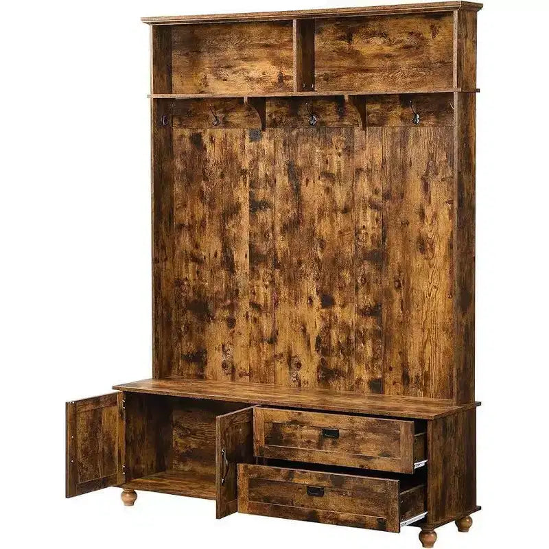 Particle Board Modern Hall Tree, Mudroom Bench with Storage Cabinet, Drawers and 5 Coat Hooks, Brown, Entryway Organizer