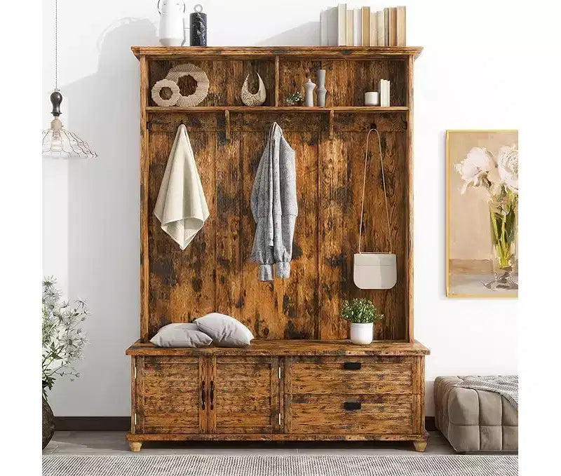 Vestiaire moderne en panneaux de particules, banc d’entrée avec meuble de rangement, tiroirs et 5 patères, marron