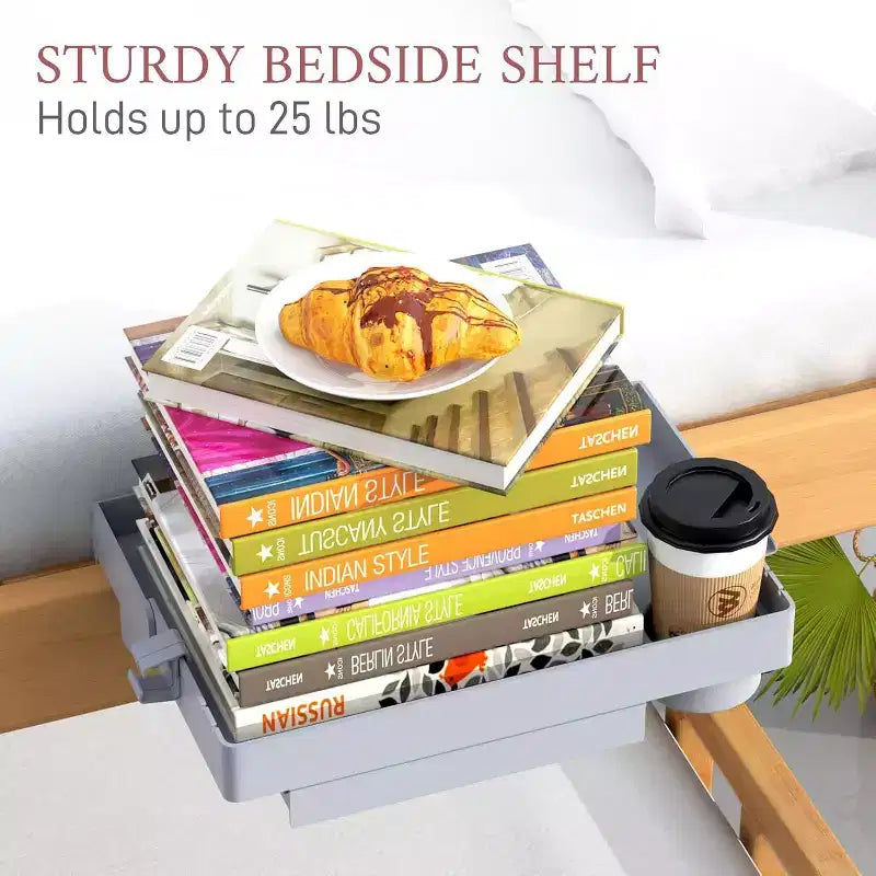 Estante de cama, estante plegable con pinza para litera, mesita de noche con cajón, soporte para taza y cable, blanco