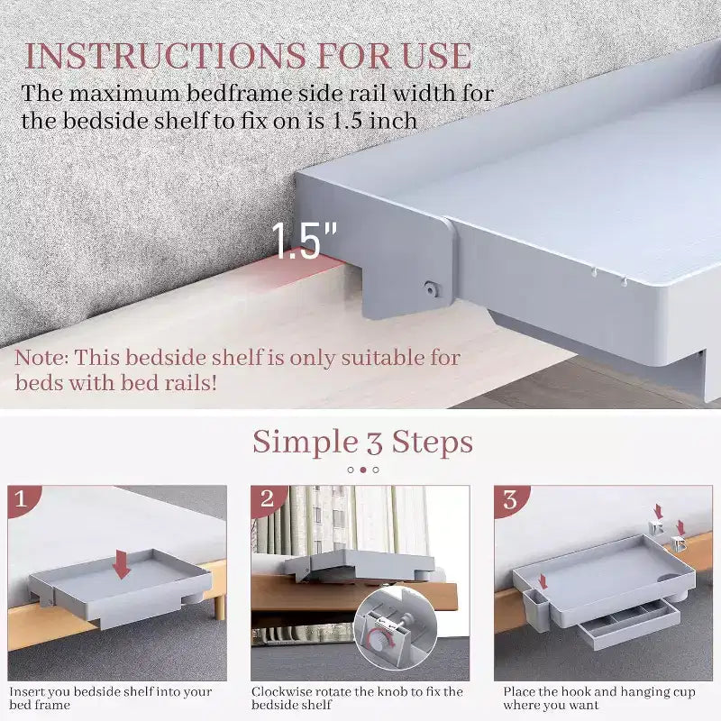 Estante de cama, estante plegable con pinza para litera, mesita de noche con cajón, soporte para taza y cable, blanco