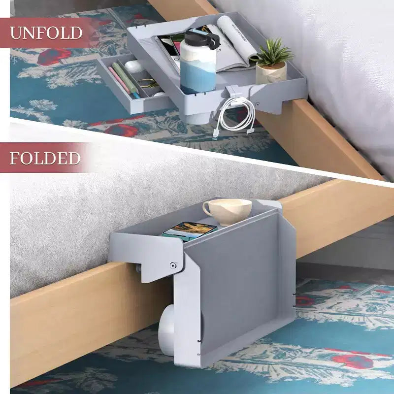 Estante de cama, estante plegable con pinza para litera, mesita de noche con cajón, soporte para taza y cable, blanco