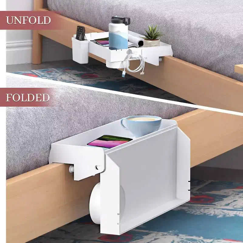 Estante de cama, estante plegable con pinza para litera, mesita de noche con cajón, soporte para taza y cable, blanco