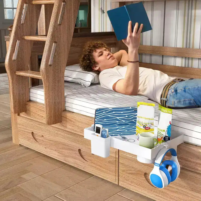 Estante de cama, estante plegable con pinza para litera, mesita de noche con cajón, soporte para taza y cable, blanco