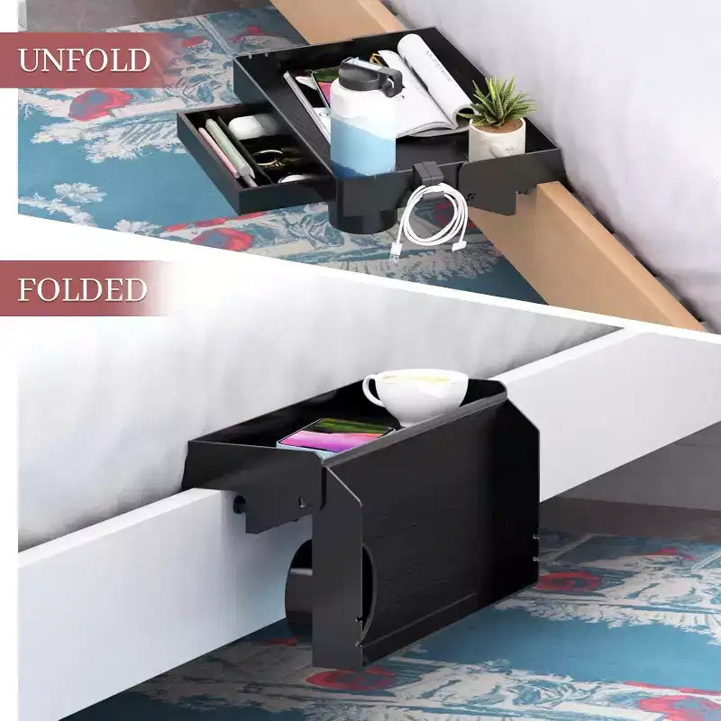 Estante de cama, estante plegable con pinza para litera, mesita de noche con cajón, soporte para taza y cable, blanco