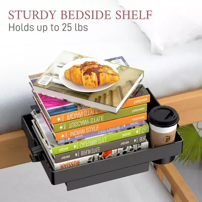 Estante de cama, estante plegable con pinza para litera, mesita de noche con cajón, soporte para taza y cable, blanco
