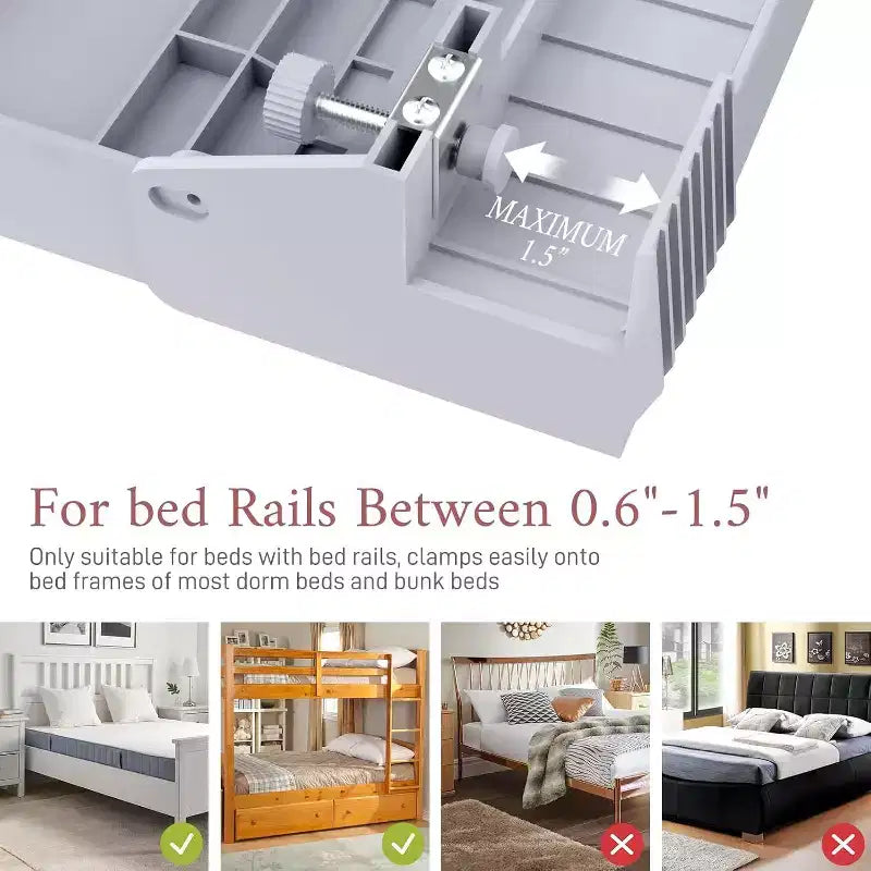 Estante de cama, estante plegable con pinza para litera, mesita de noche con cajón, soporte para taza y cable, blanco