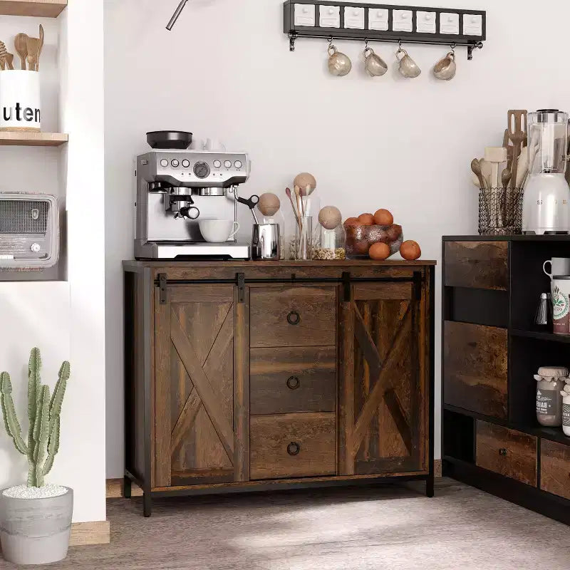 Buffet de style maison de campagne avec portes coulissantes de grange - buffet avec 3 tiroirs et étagères réglables