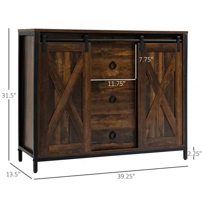 Buffet de style maison de campagne avec portes coulissantes de grange - buffet avec 3 tiroirs et étagères réglables