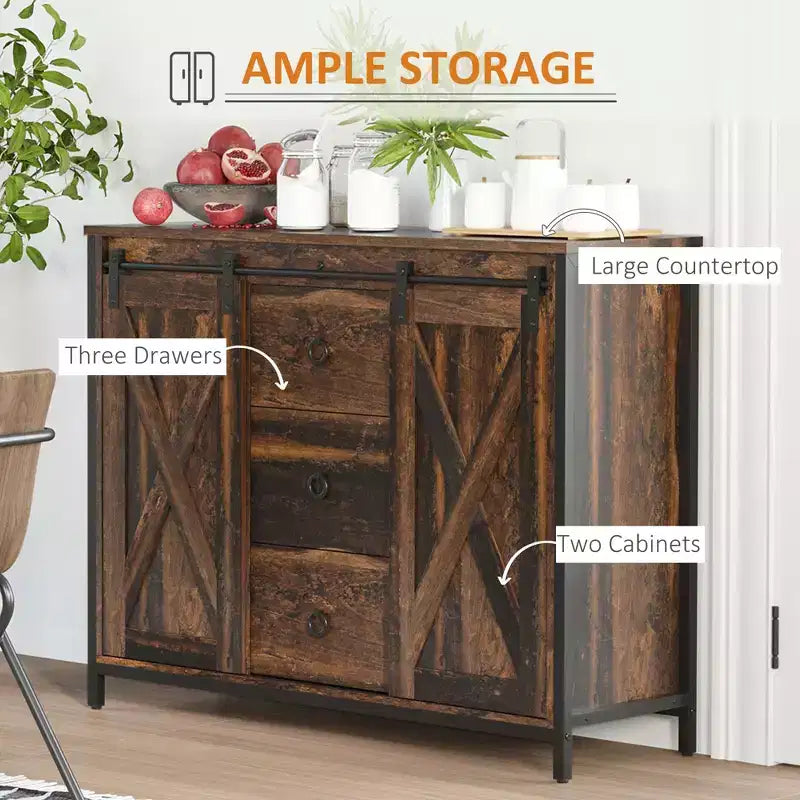 Buffet de style maison de campagne avec portes coulissantes de grange - buffet avec 3 tiroirs et étagères réglables