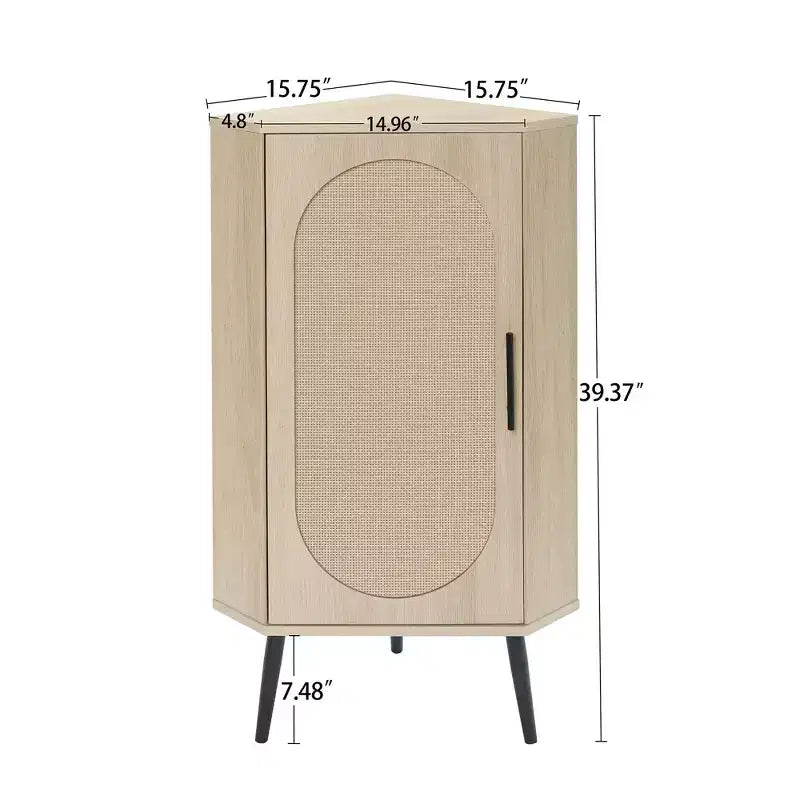 Meuble d’angle en rotin naturel de 15 pouces avec étagères réglables, rangement d’angle autoportant pour salon, finition naturelle