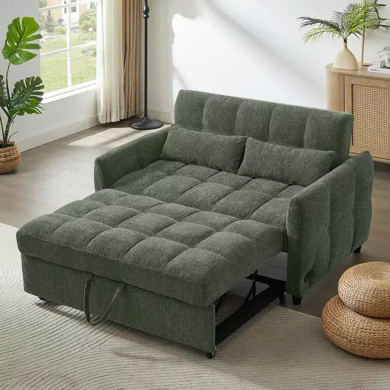 Loveseat-Sofa, 52.8, ausziehbares Schlafsofa mit Knopfheftung, verstellbarer Rückenlehne und zwei Lendenkissen fürs Wohnzimmer, grün