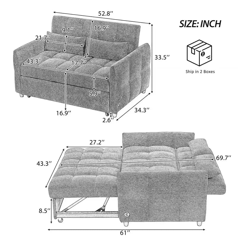 Loveseat-Sofa, 52.8, ausziehbares Schlafsofa mit Knopfheftung, verstellbarer Rückenlehne und zwei Lendenkissen fürs Wohnzimmer, grün