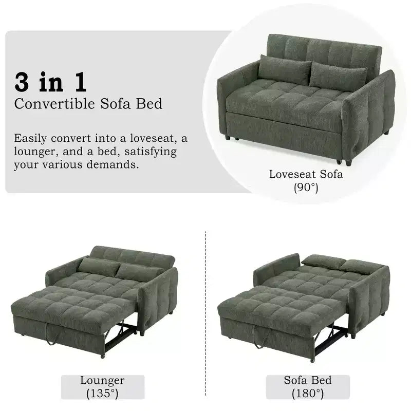 Loveseat-Sofa, 52.8, ausziehbares Schlafsofa mit Knopfheftung, verstellbarer Rückenlehne und zwei Lendenkissen fürs Wohnzimmer, grün