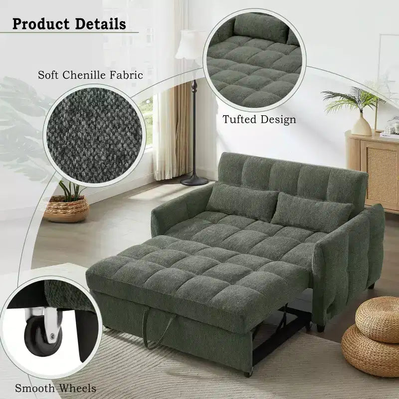 Loveseat-Sofa, 52.8, ausziehbares Schlafsofa mit Knopfheftung, verstellbarer Rückenlehne und zwei Lendenkissen fürs Wohnzimmer, grün