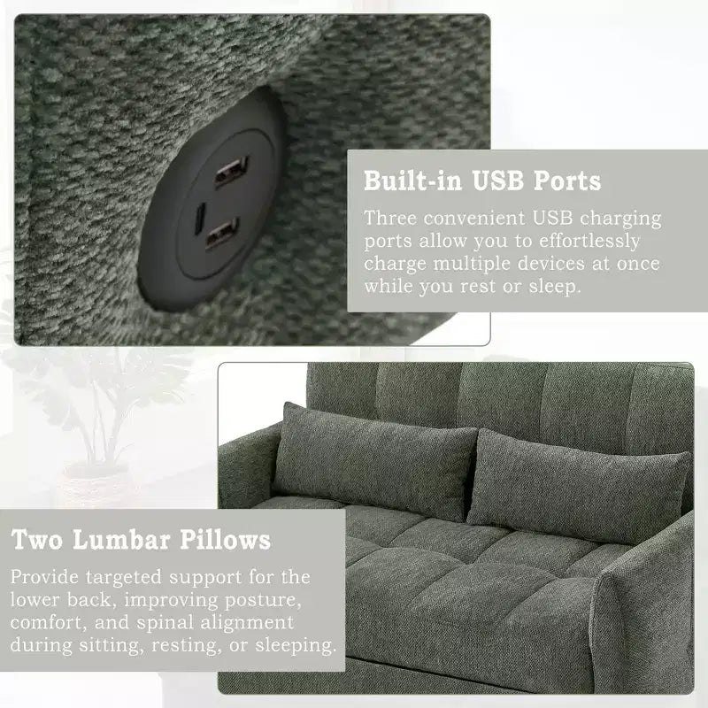 Loveseat-Sofa, 52.8, ausziehbares Schlafsofa mit Knopfheftung, verstellbarer Rückenlehne und zwei Lendenkissen fürs Wohnzimmer, grün