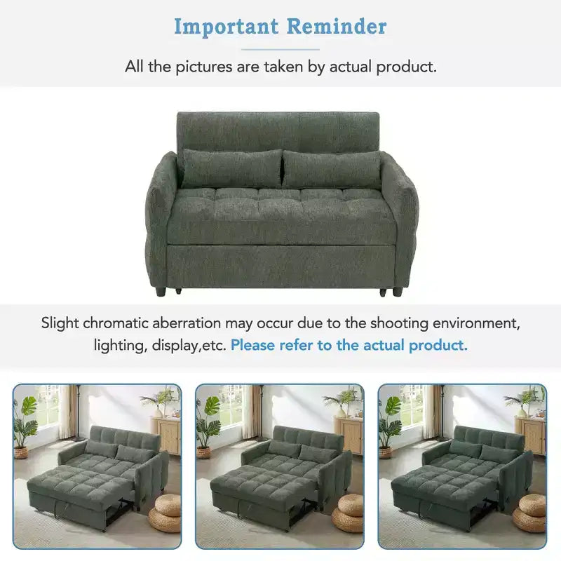 Loveseat-Sofa, 52.8, ausziehbares Schlafsofa mit Knopfheftung, verstellbarer Rückenlehne und zwei Lendenkissen fürs Wohnzimmer, grün