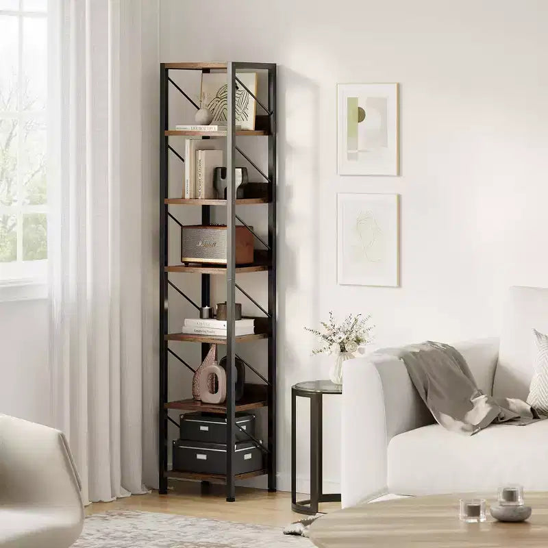 Librería estrecha de 7 niveles, estantería independiente con estructura metálica, estantes rústicos de exhibición para dormitorio, sala de estar y oficina en casa