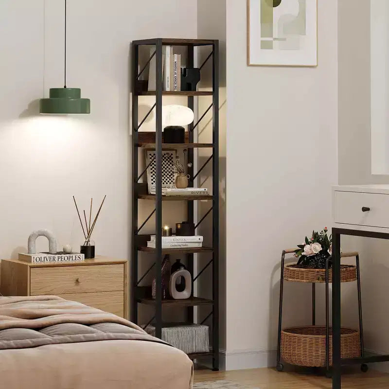 Librería estrecha de 7 niveles, estantería independiente con estructura metálica, estantes rústicos de exhibición para dormitorio, sala de estar y oficina en casa