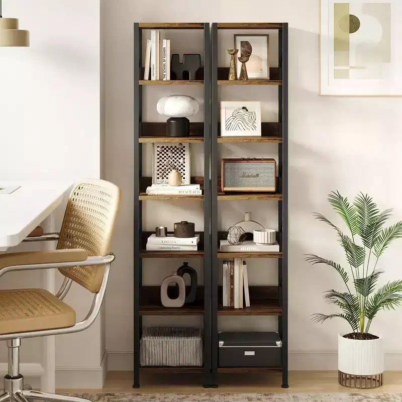Librería estrecha de 7 niveles, estantería independiente con estructura metálica, estantes rústicos de exhibición para dormitorio, sala de estar y oficina en casa