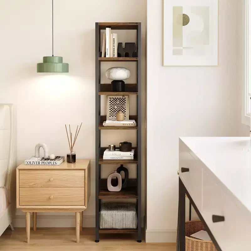Librería estrecha de 7 niveles, estantería independiente con estructura metálica, estantes rústicos de exhibición para dormitorio, sala de estar y oficina en casa