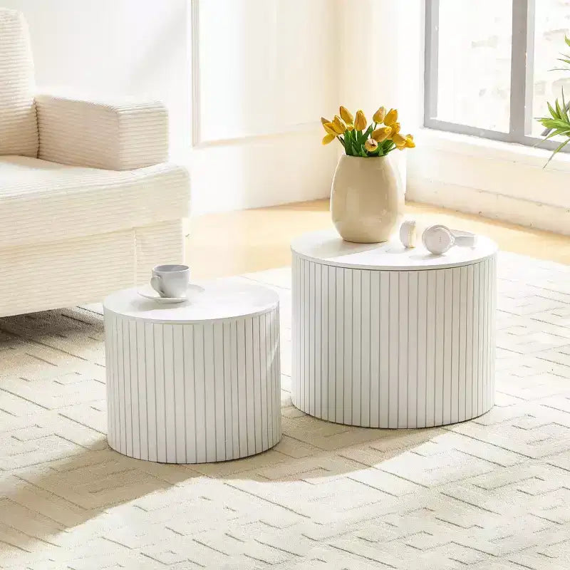 Ensemble de 2 tables basses et d’appoint rondes modernes avec rangement dissimulé, sans montage, tables décoratives élégantes pour salon ou coin détente