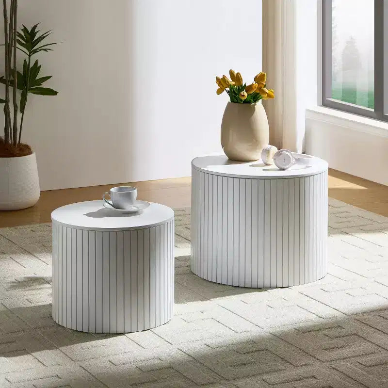 Ensemble de 2 tables basses et d’appoint rondes modernes avec rangement dissimulé, sans montage, tables décoratives élégantes pour salon ou coin détente