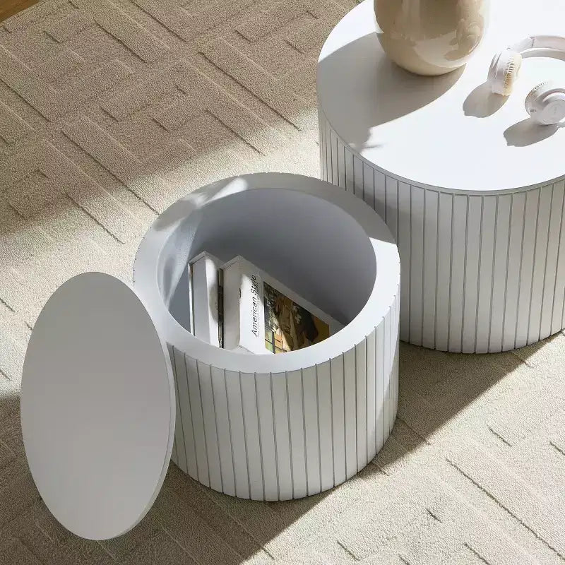 Ensemble de 2 tables basses et d’appoint rondes modernes avec rangement dissimulé, sans montage, tables décoratives élégantes pour salon ou coin détente