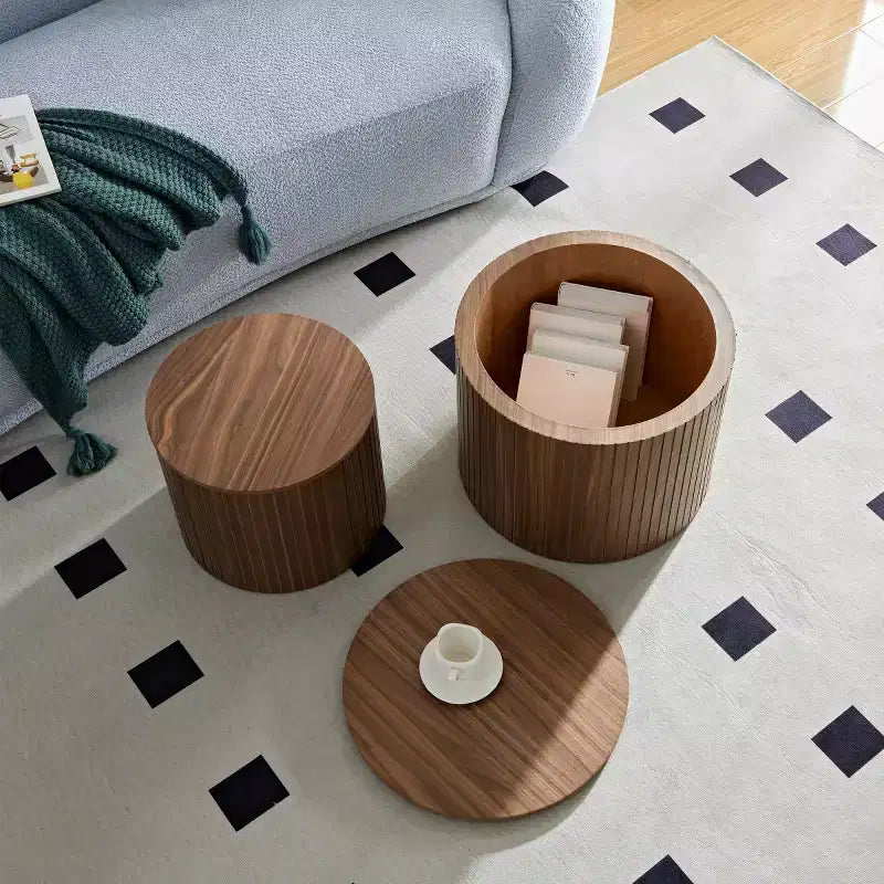 Ensemble de 2 tables basses et d’appoint rondes modernes avec rangement dissimulé, sans montage, tables décoratives élégantes pour salon ou coin détente