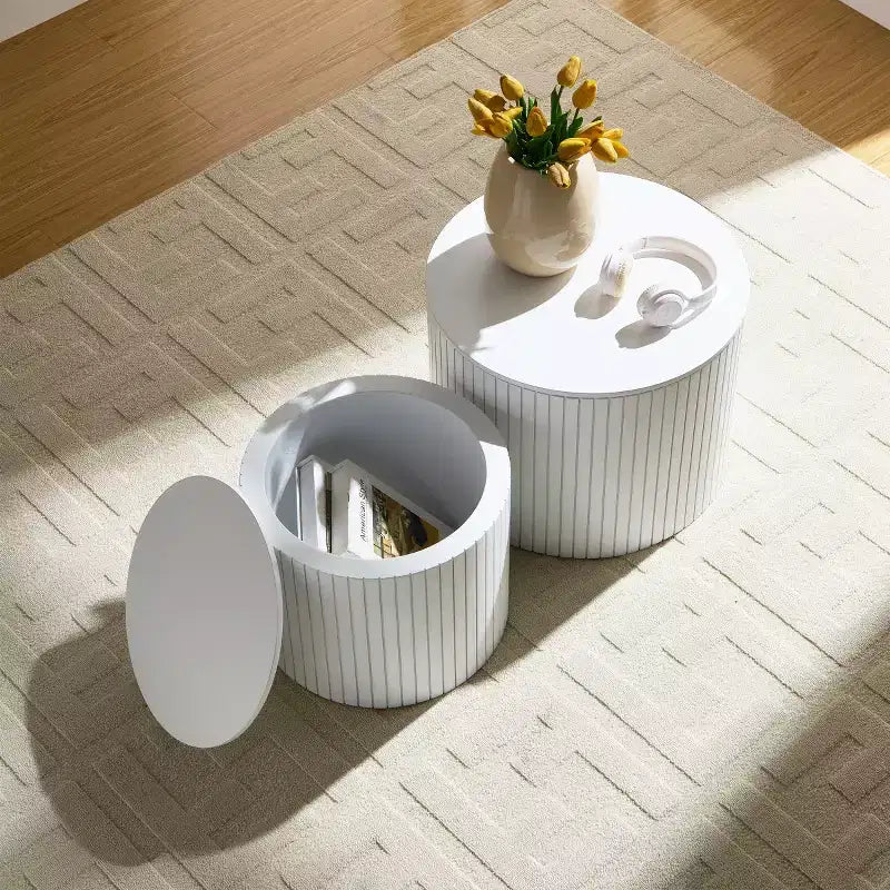 Ensemble de 2 tables basses et d’appoint rondes modernes avec rangement dissimulé, sans montage, tables décoratives élégantes pour salon ou coin détente