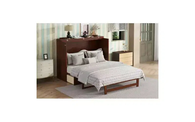 Cama Murphy tamaño queen de 80 pulgadas, cama tipo armario de pino con detalles de mimbre, cajones de almacenamiento integrados, apta para dormitorios, nogal