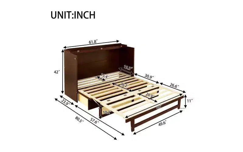 Cama Murphy tamaño queen de 80 pulgadas, cama tipo armario de pino con detalles de mimbre, cajones de almacenamiento integrados, apta para dormitorios, nogal