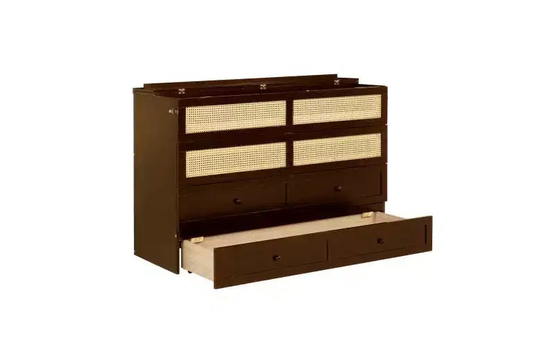Lit escamotable de 80 pouces, lit-armoire en pin avec détails en osier, tiroirs de rangement intégrés, adapté aux chambres, noyer