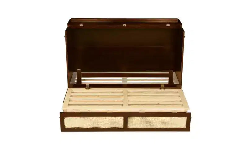 Cama Murphy tamaño queen de 80 pulgadas, cama tipo armario de pino con detalles de mimbre, cajones de almacenamiento integrados, apta para dormitorios, nogal