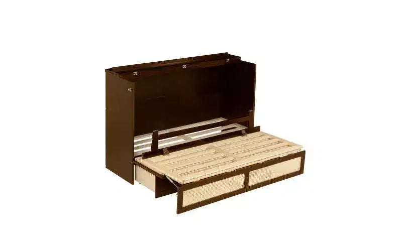 Cama Murphy tamaño queen de 80 pulgadas, cama tipo armario de pino con detalles de mimbre, cajones de almacenamiento integrados, apta para dormitorios, nogal