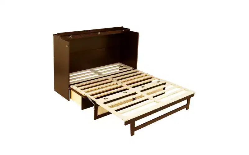 Cama Murphy tamaño queen de 80 pulgadas, cama tipo armario de pino con detalles de mimbre, cajones de almacenamiento integrados, apta para dormitorios, nogal
