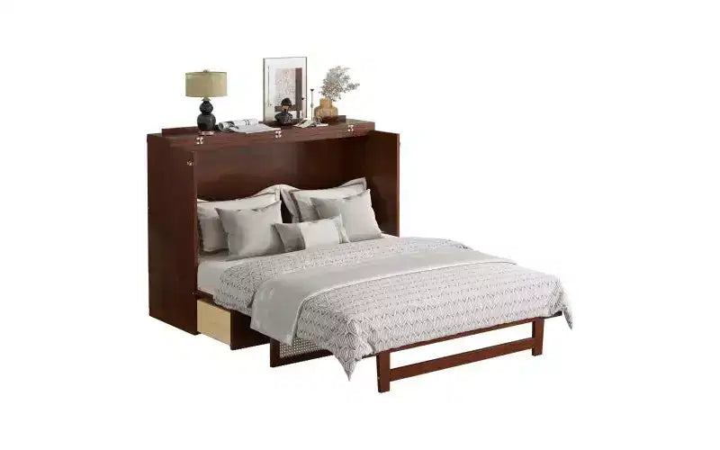 Cama Murphy tamaño queen de 80 pulgadas, cama tipo armario de pino con detalles de mimbre, cajones de almacenamiento integrados, apta para dormitorios, nogal