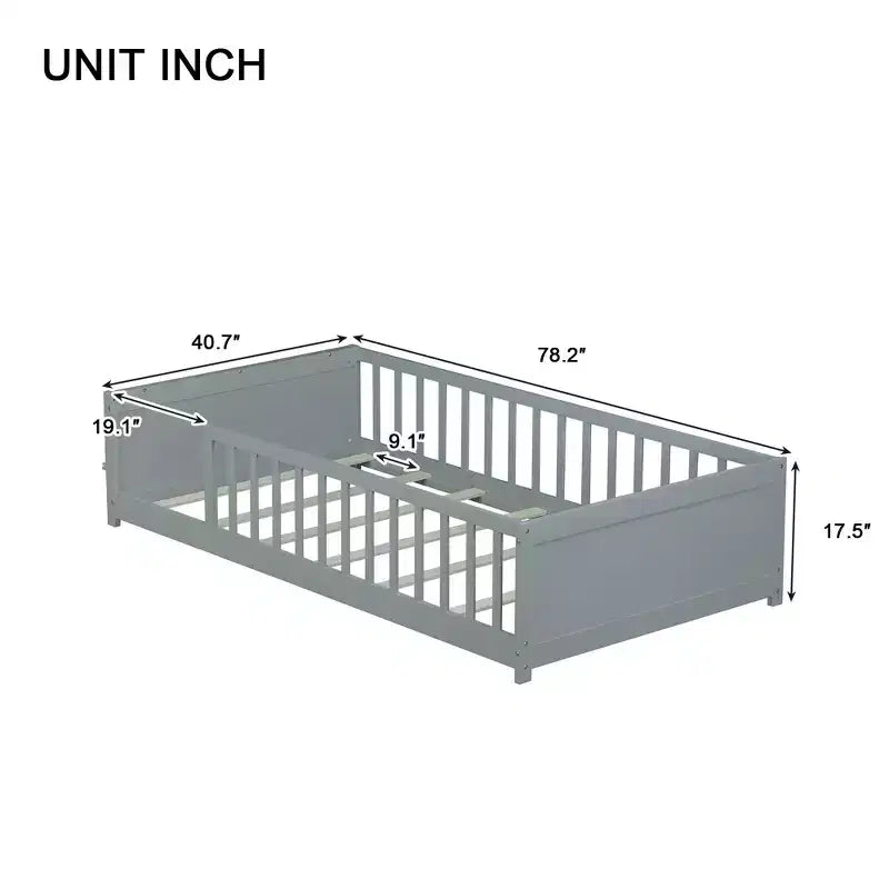 Einzelbett mit Bodenplattform und integriertem Bücherregal, Schutzgittern und stabilem Holzgestell, platzsparendes Design fürs Kinderzimmer
