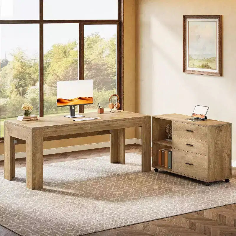 Escritorio ejecutivo en forma de L de 63 con archivador lateral móvil a juego, mesa grande para computadora con cajones para oficina en casa