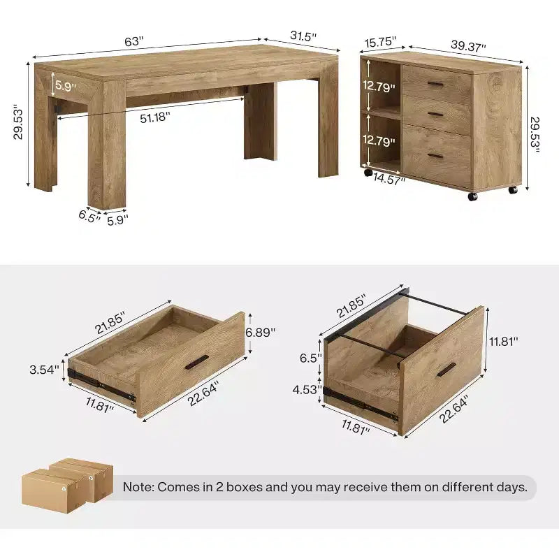Bureau de direction en L de 63 pouces avec caisson mobile à dossiers latéral assorti, grand bureau informatique avec tiroirs pour bureau à domicile
