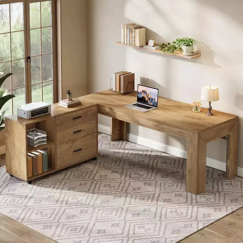 Bureau de direction en L de 63 pouces avec caisson mobile à dossiers latéral assorti, grand bureau informatique avec tiroirs pour bureau à domicile