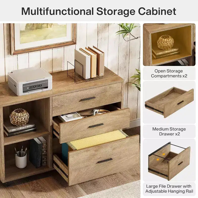 Escritorio ejecutivo en forma de L de 63 con archivador lateral móvil a juego, mesa grande para computadora con cajones para oficina en casa