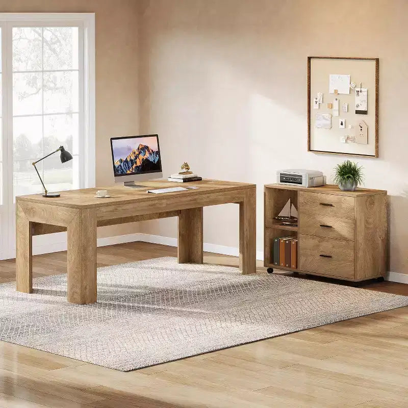 Escritorio ejecutivo en forma de L de 63 con archivador lateral móvil a juego, mesa grande para computadora con cajones para oficina en casa