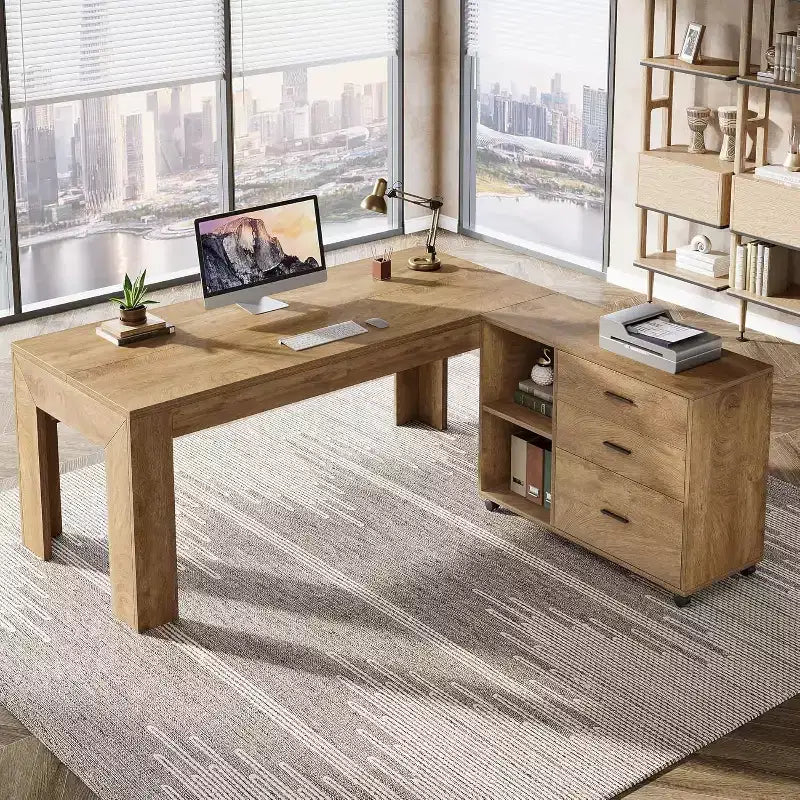 Escritorio ejecutivo en forma de L de 63 con archivador lateral móvil a juego, mesa grande para computadora con cajones para oficina en casa
